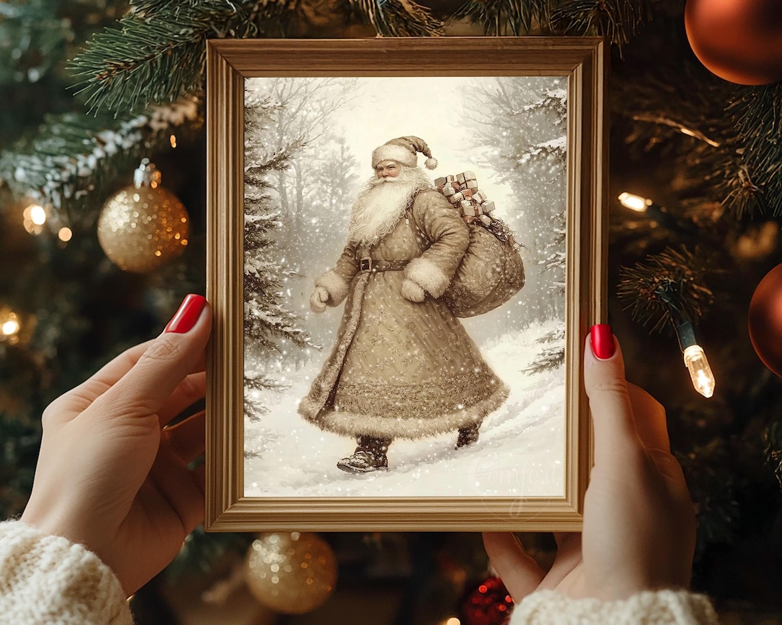 Santa Claus Walking Snowy Forest Gifts Sack Vintage Sepia Oil Poster - Image 4