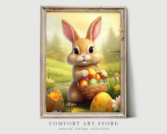 Adorable Bunny Holding Easter Egg Basket in Spring Meadow Wall Art