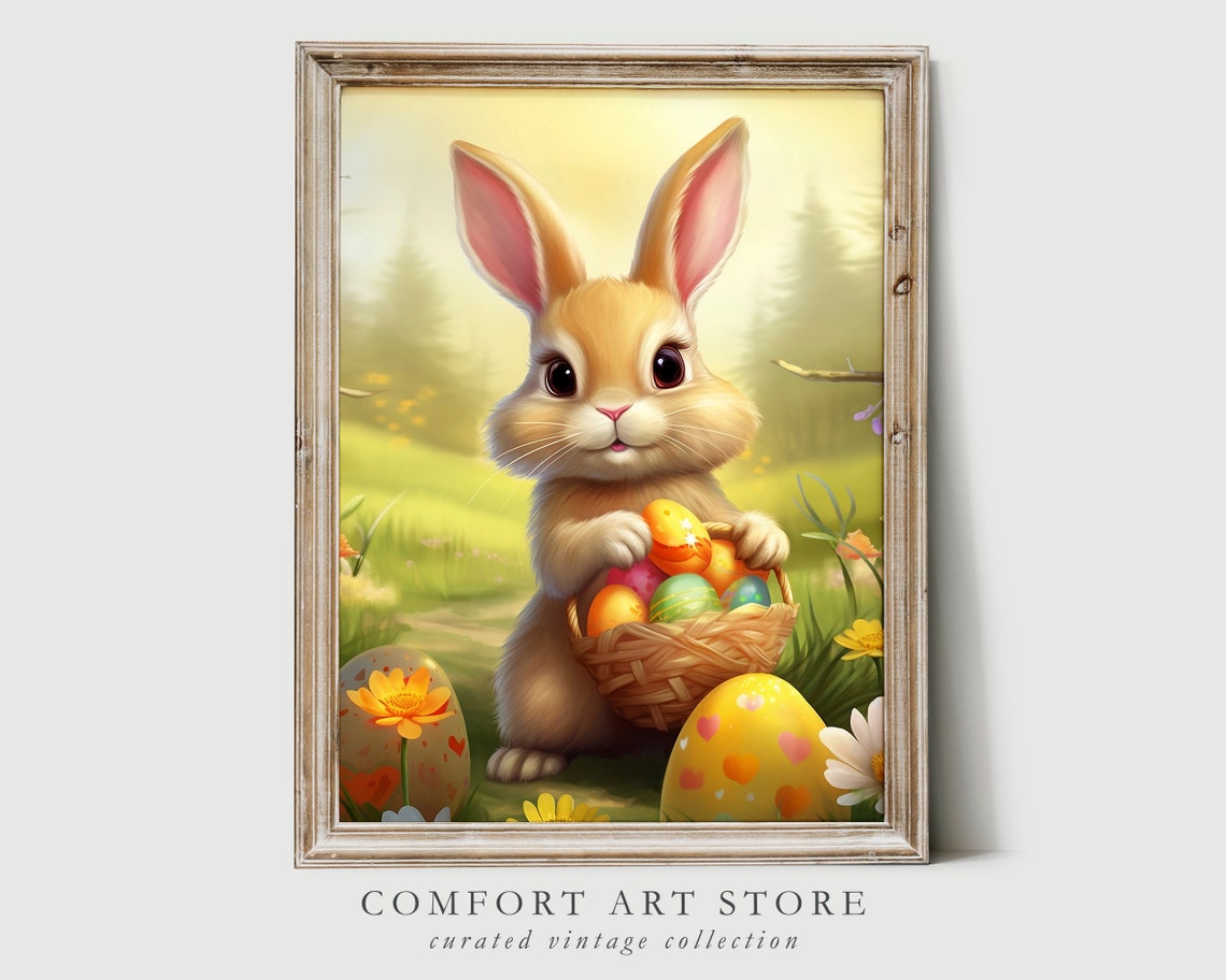 Adorable Bunny Holding Easter Egg Basket in Spring Meadow Wall Art