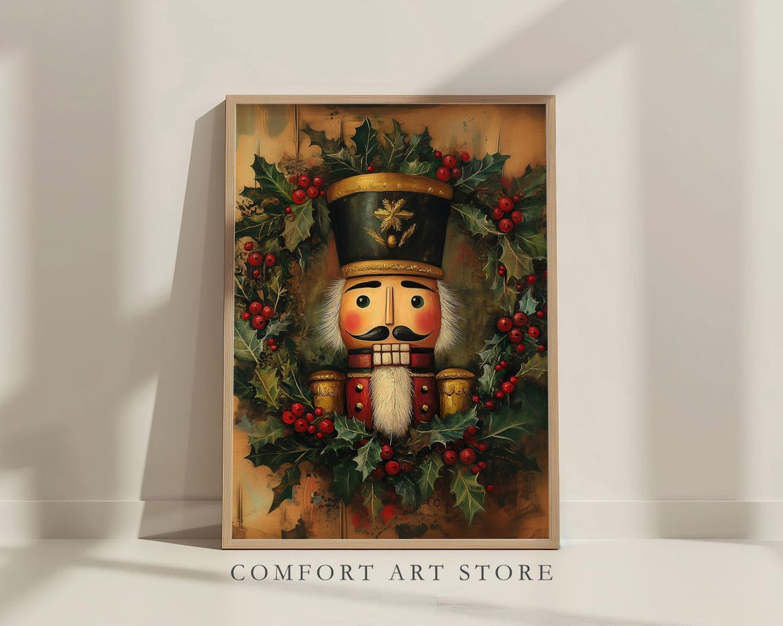 Nutcracker Portrait Surrounded by Holly and Red Berries Wall Art - Image 7