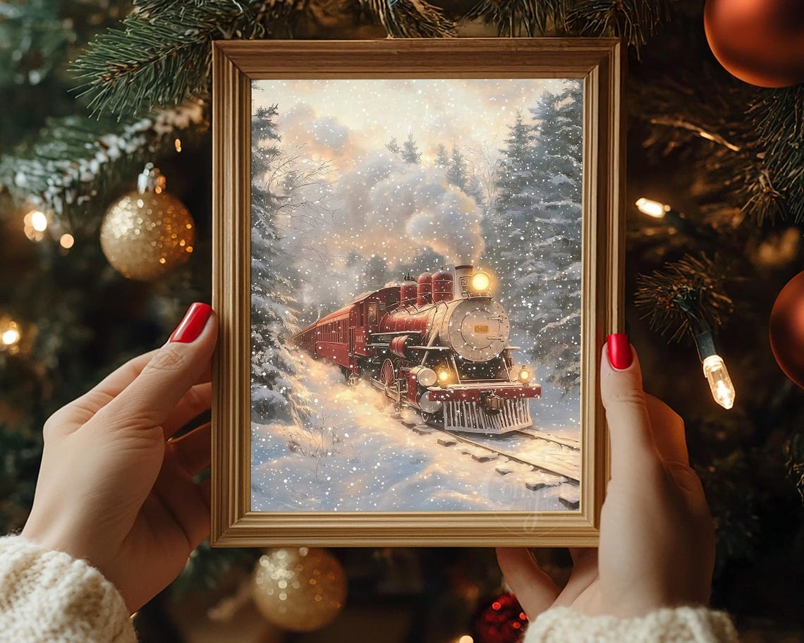 Classic Red Steam Engine in Snowy Pine Forest Snowstorm Wall Art - Image 7