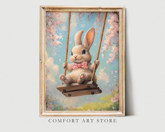 Easter Bunny Print Cute Easter Rabbit Neutral Spring Cherry Blossom Easter Bunny Nursery Wall Art Vintage Easter Decor Bunny Swing