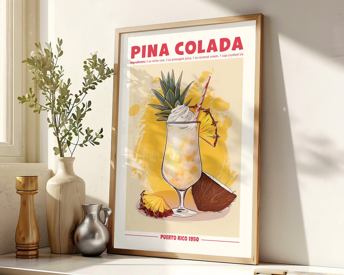 Pina Colada Cocktail Recipe Retro Poster Tropical Bar Cart Wall Art - Image 4