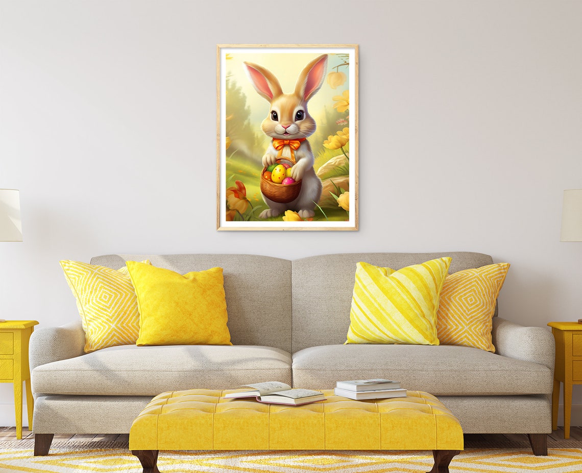 Cute Easter Bunny with Basket of Painted Eggs in Spring Wall Art - Image 2