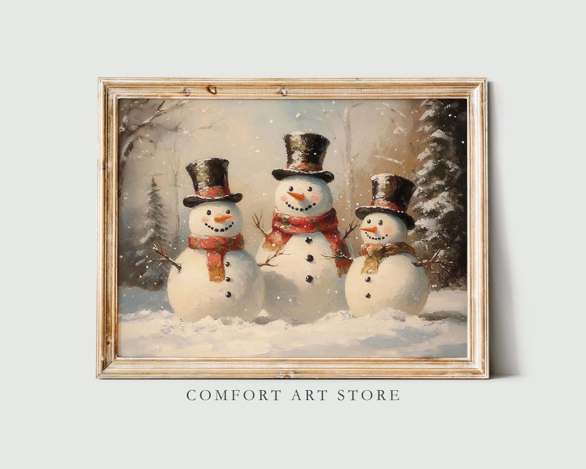 Vintage Christmas Snowman Print Christmas Wall Art Winter Holiday Antique Christmas Snowman Family Painting Snowman Wall Art Christmas Decor