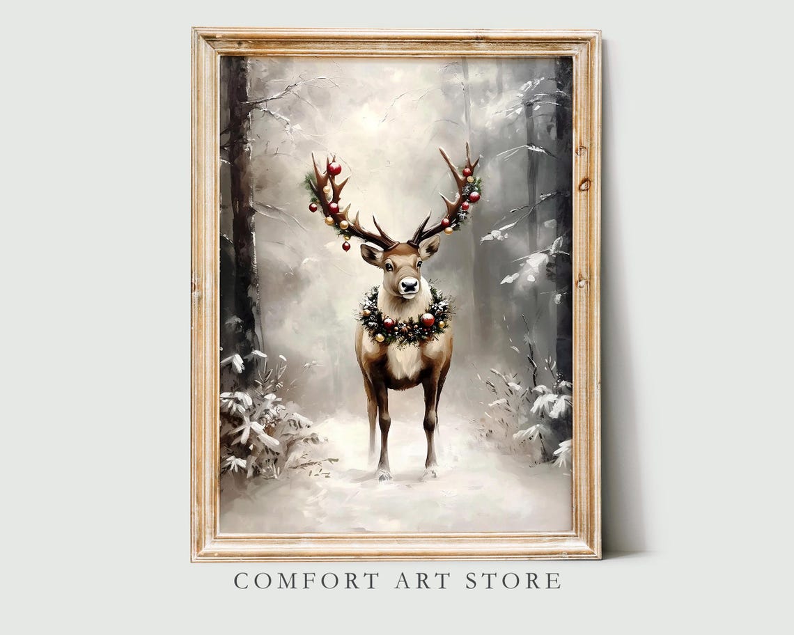 Beautiful Festive Deer with Ornaments on Antlers Misty Snow Poster