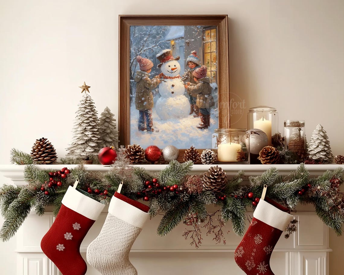 Vintage Christmas Wall Art Snowman Print Children Making Snowman Winter Holiday Decor Christmas Winter Oil Painting Antique Snowman Print - Image 4