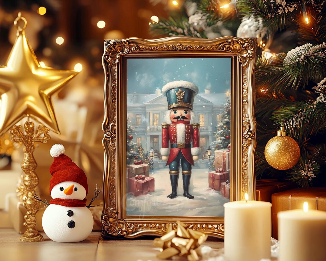 Toy Nutcracker in Front of Snow Covered Manor Christmas Art Poster - Image 6