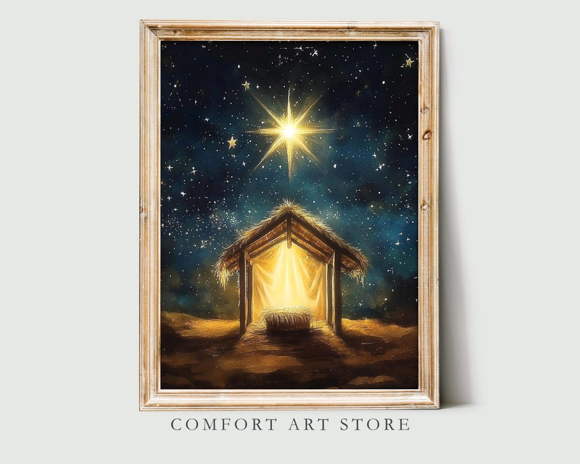 Empty Manger in the Stable Under the Star of Bethlehem Poster
