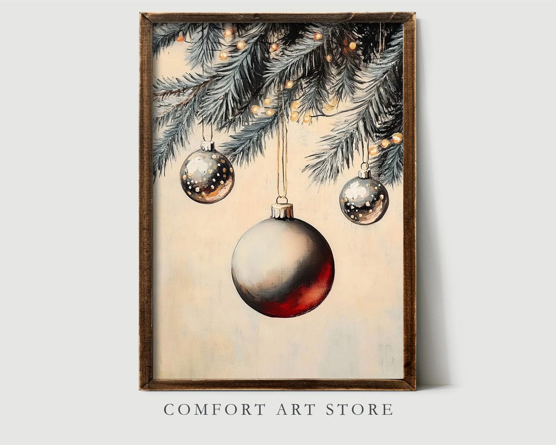 Silver and Red Christmas Ornaments Hanging Fir Branch Poster - Image 3