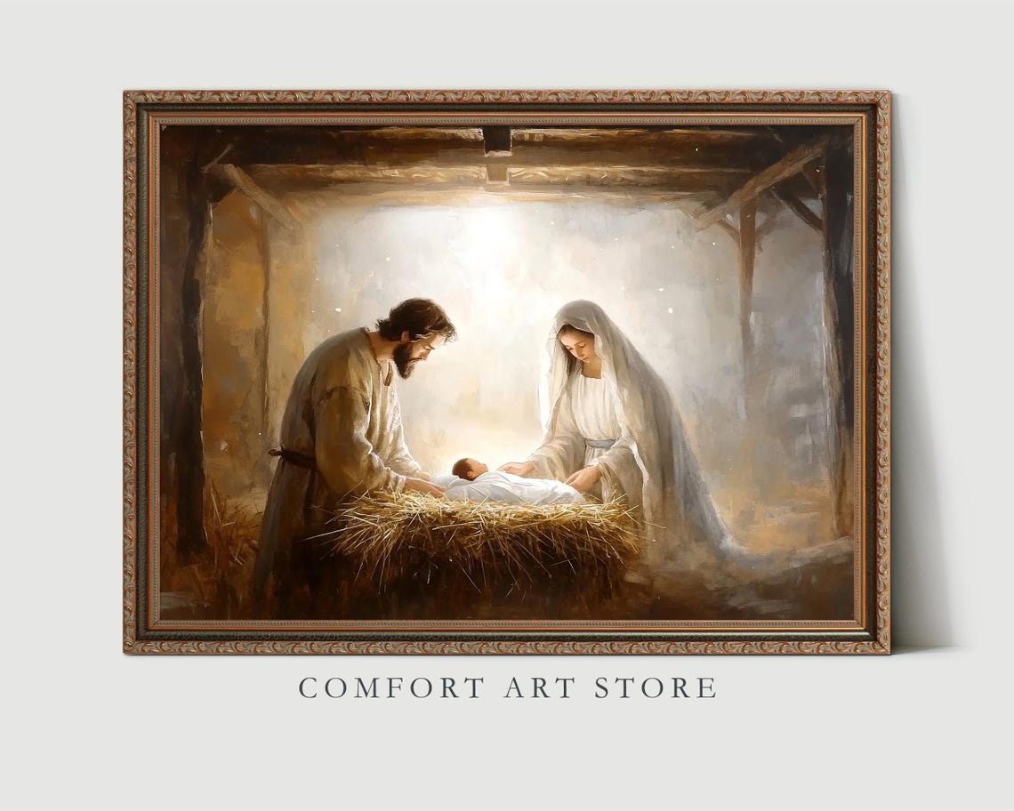 Mary and Joseph With Baby Jesus in the Manger Glowing Light Poster - Image 3