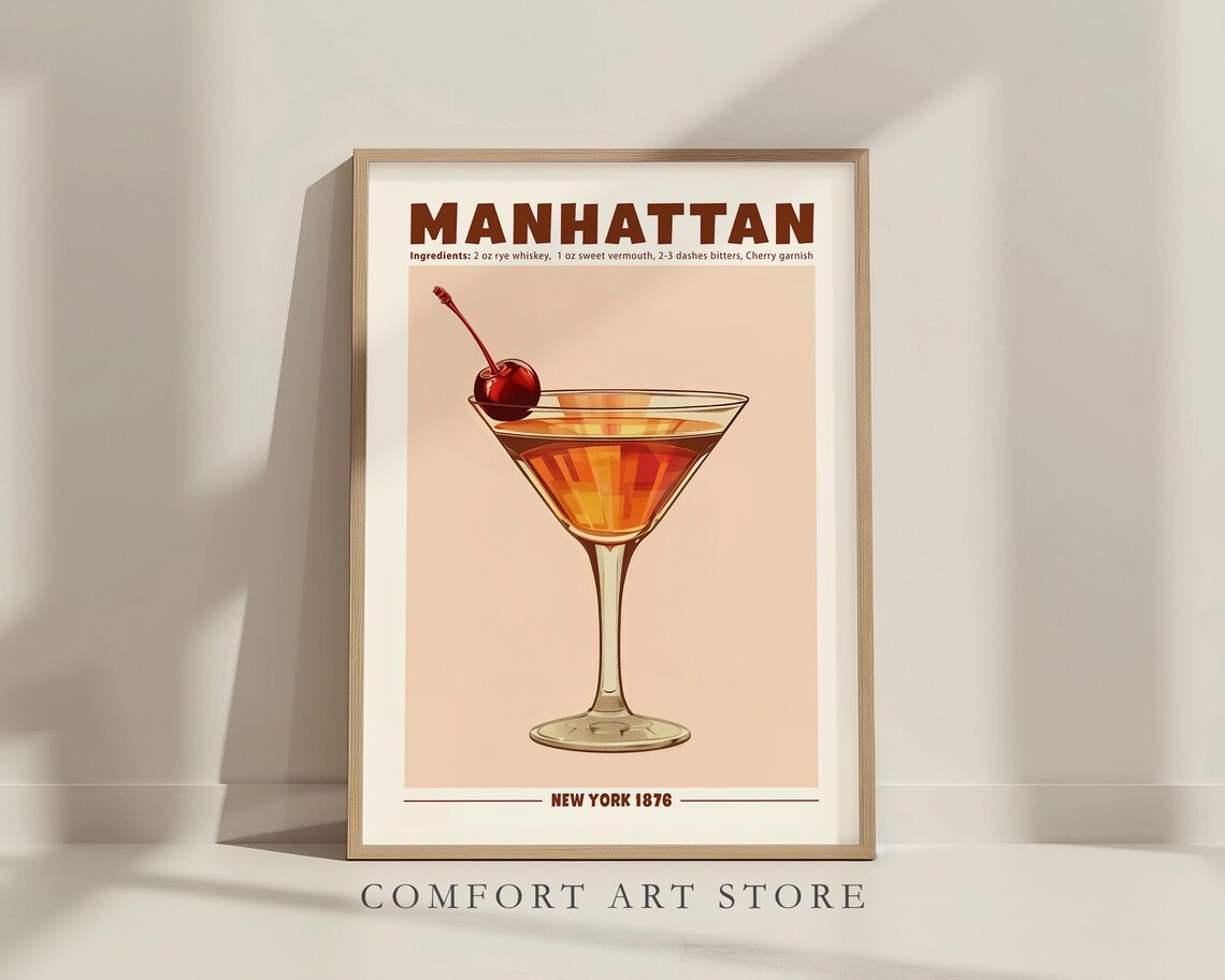 Classic Manhattan Cocktail With Cherry in a Coupe Glass Vintage Poster