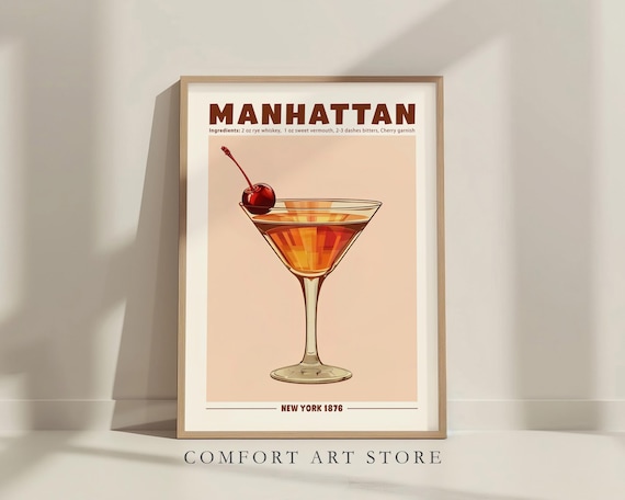 Classic Manhattan Cocktail With Cherry in a Coupe Glass Vintage Poster