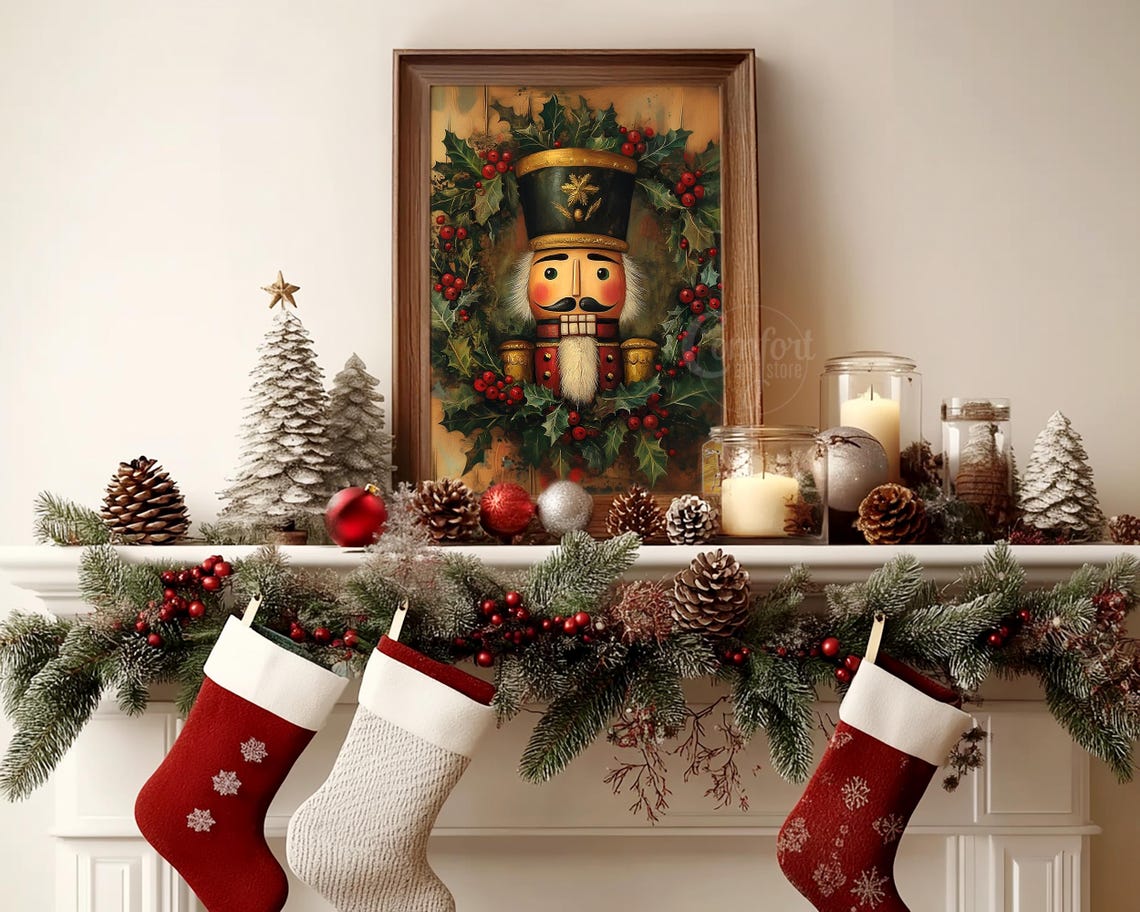 Nutcracker Portrait Surrounded by Holly and Red Berries Wall Art - Image 3