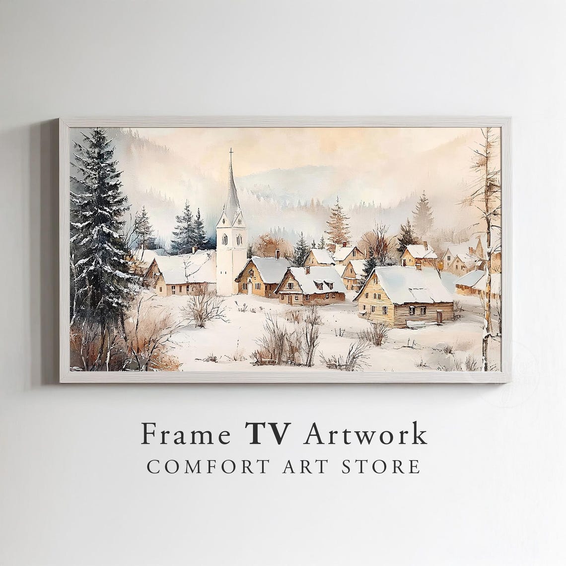 Frame Tv Art Snowy Alpine Village Vintage Christmas Antique Winter Scene Winter Landscape Painting Holiday Christmas Frame Tv Art - Image 2