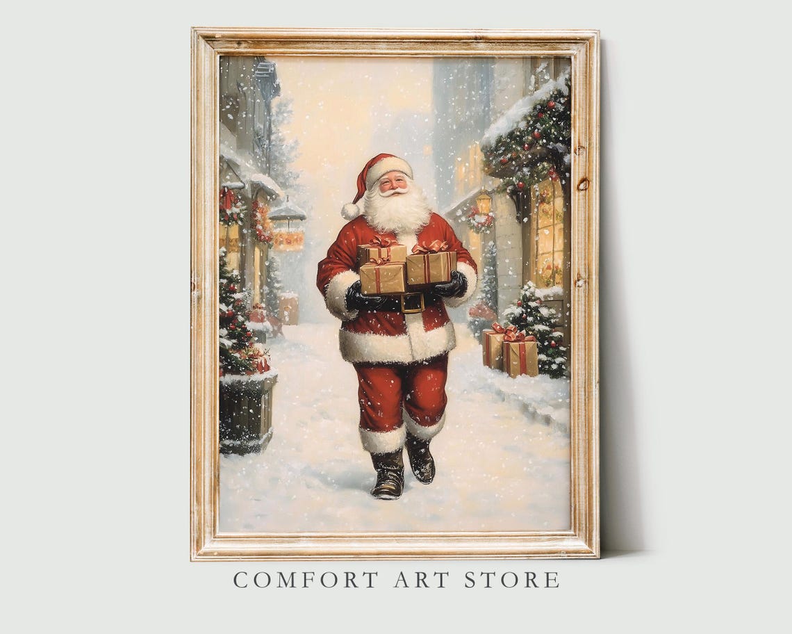 Santa Claus Print Vintage Christmas Wall Art Christmas Snowy Street Print Winter Holiday Decor Antique Christmas Gift Neutral Santa Wall Art