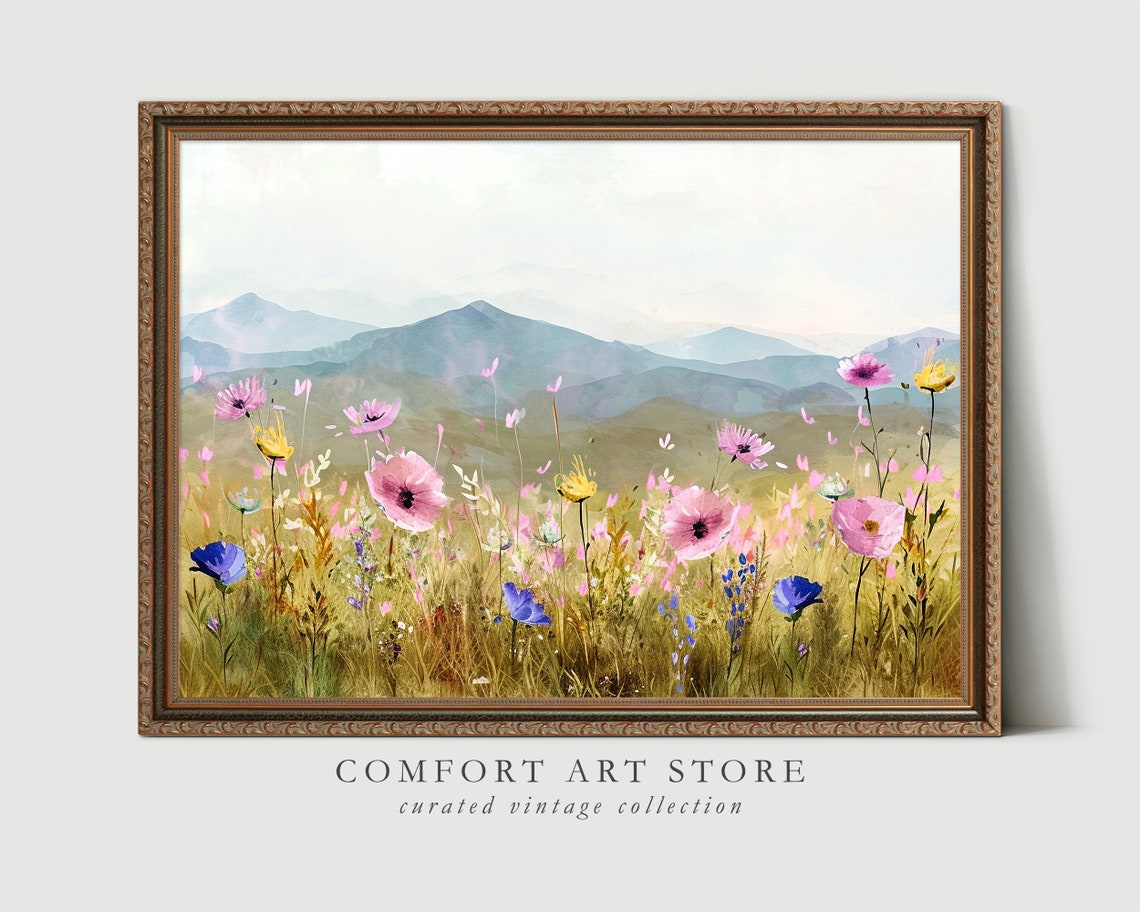 Spring Wildflower Meadow Mountain Landscape Soft Pastel Wall Art
