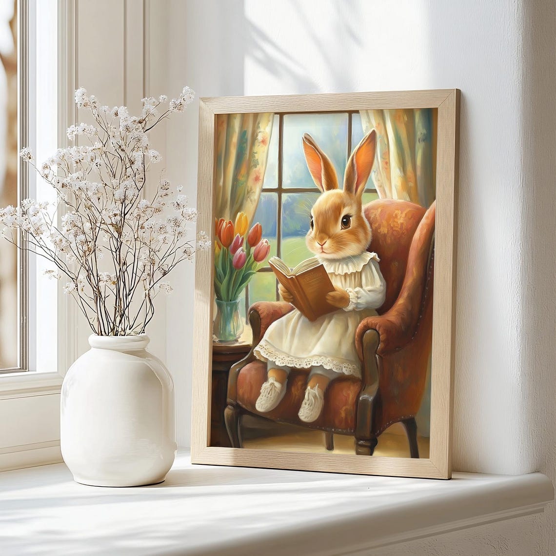Easter Bunny Print Cute Easter Bunny Reading Book Easter Rabbit Easter Vintage Spring Cottagecore Nursery Decor Farmhouse Wall Art - Image 2