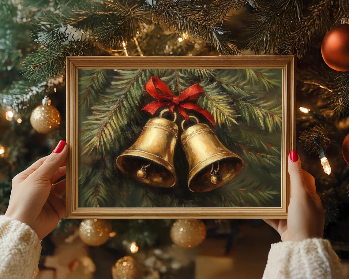Vintage Christmas Wall Art Christmas Jingle Bells Print Winter Holiday Decor Antique Christmas Golden Bells Neutral Oil Painting Winter Pine - Image 5