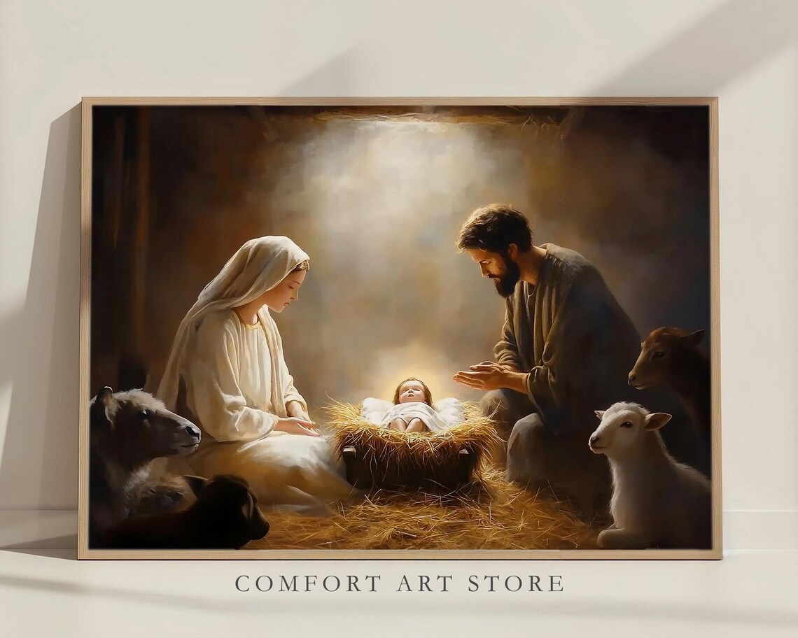 Nativity Scene With Mary Joseph and Baby Jesus in the Manger Poster - Image 8
