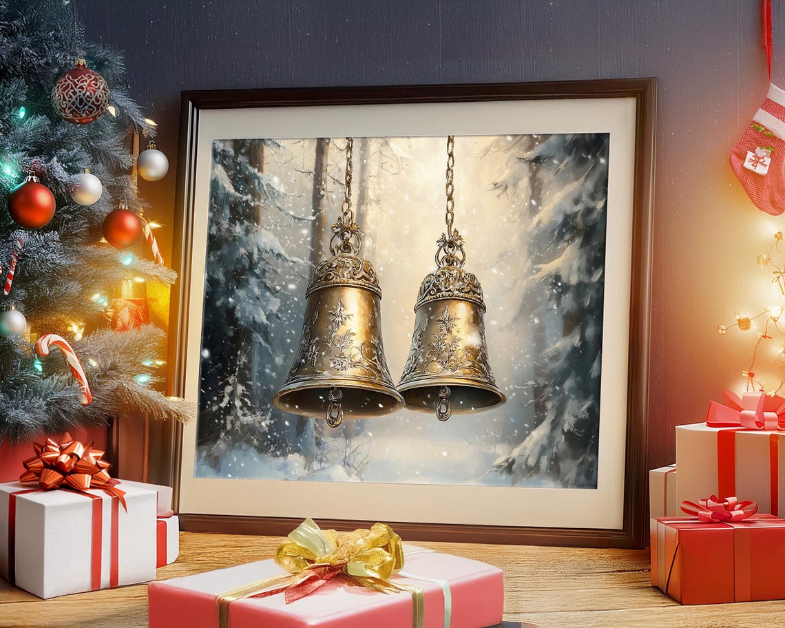 Ornate Brass Jingle Bells Hanging in a Snowy Winter Forest Poster - Image 2
