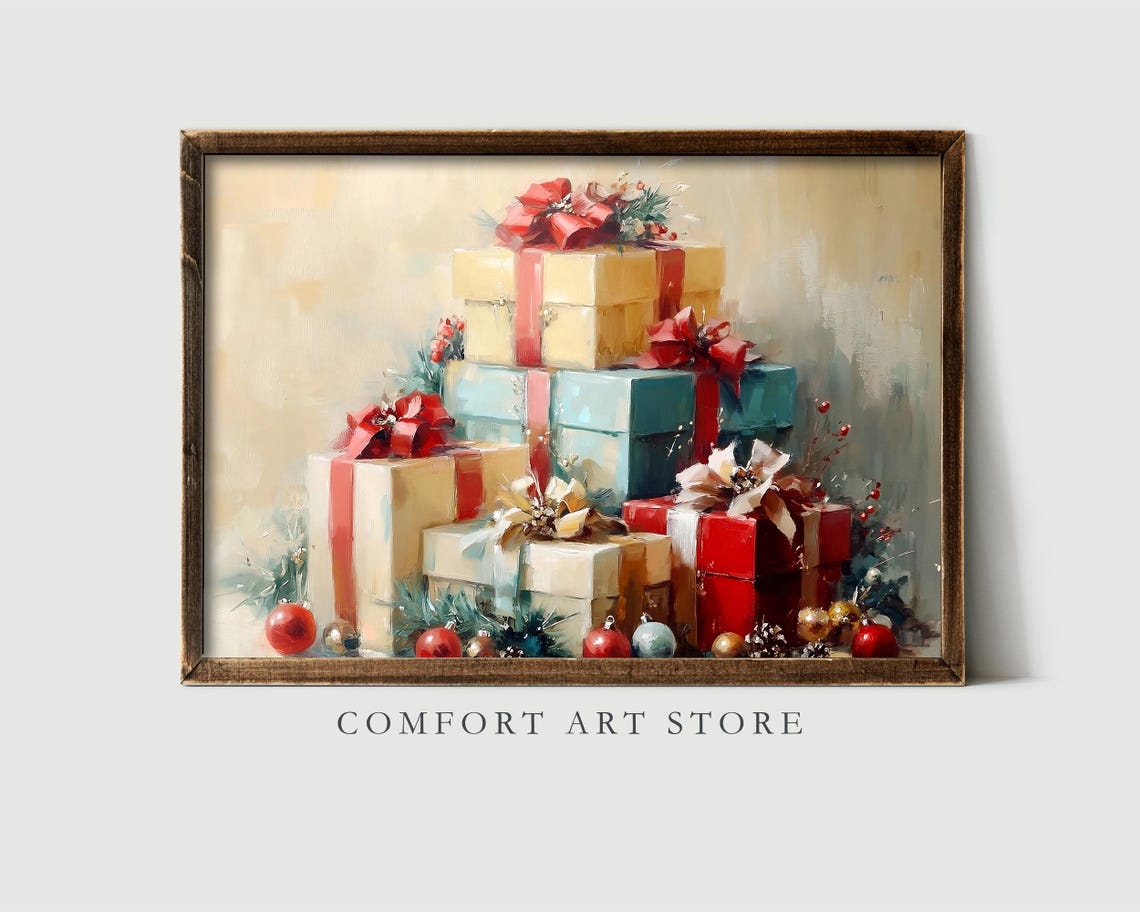 Stack of Christmas Gifts with Ribbons Vintage Holiday Poster - Image 2