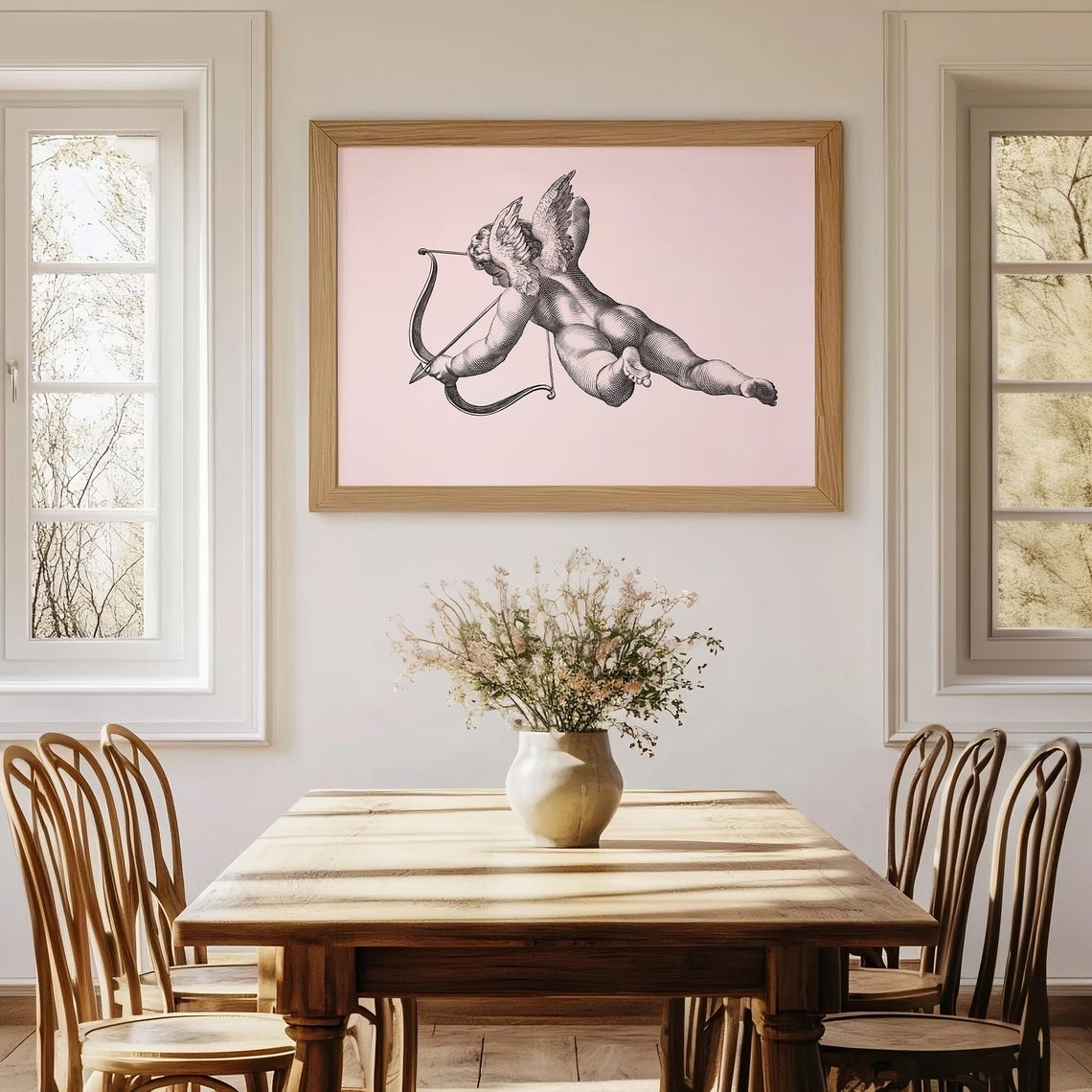 Cupid Cherub Engraving Pink Background Vintage Valentine Art Poster