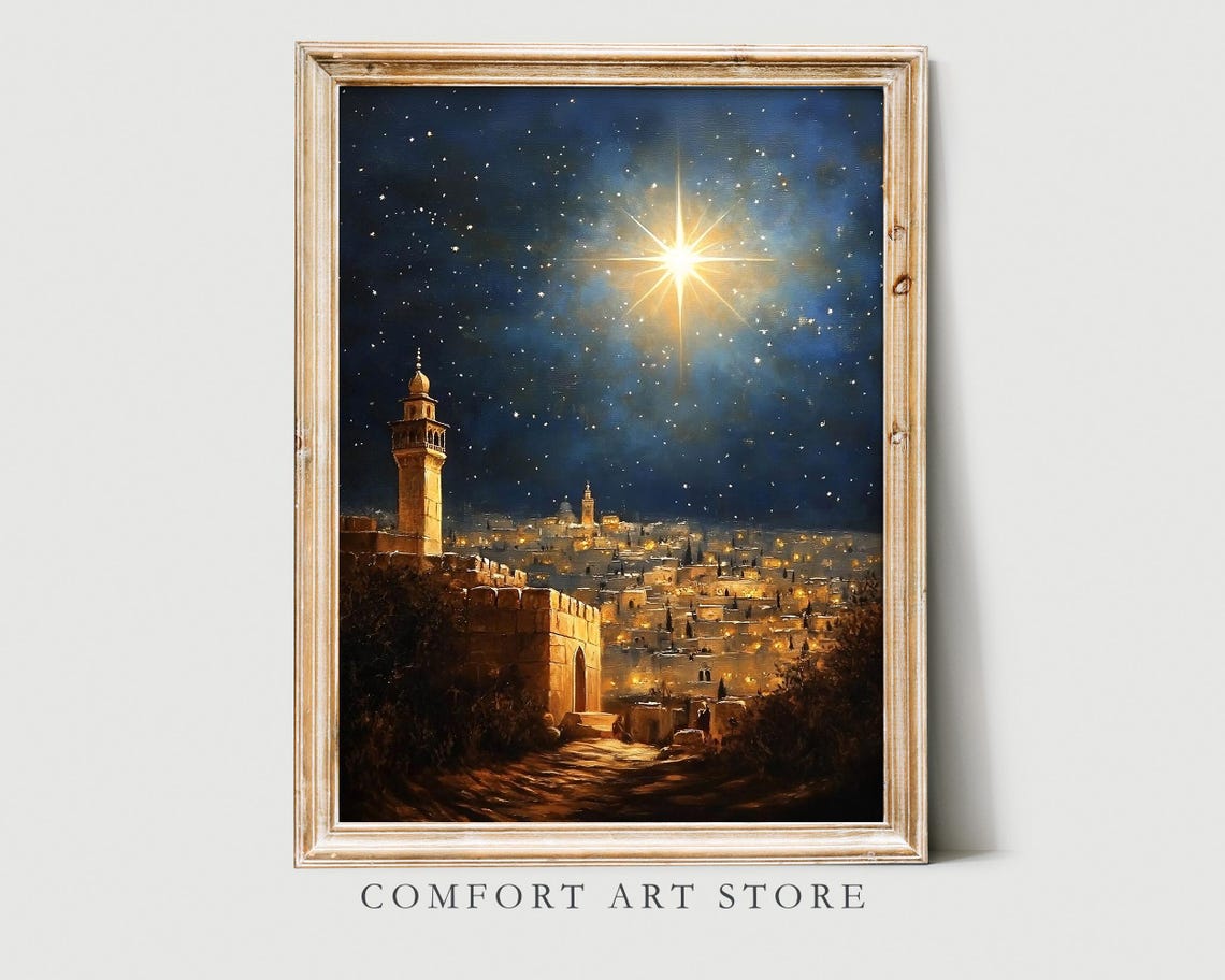 Antique Vintage Star Of Bethlehem Print Christian Nativity Scene Christmas Star Wall Art Christian Christian Print Oil Painting