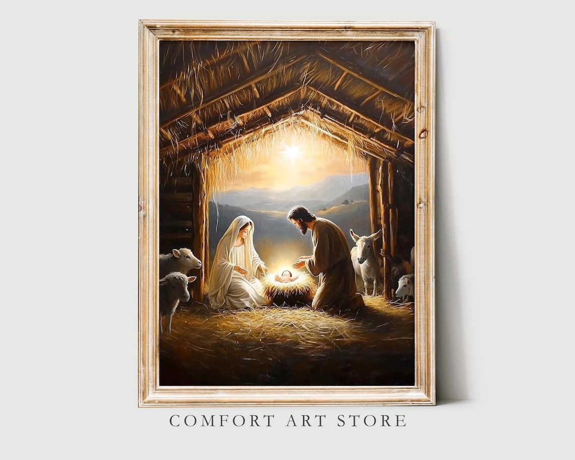 Vintage Nativity Scene Mary Joseph Baby Jesus Manger Christmas Poster