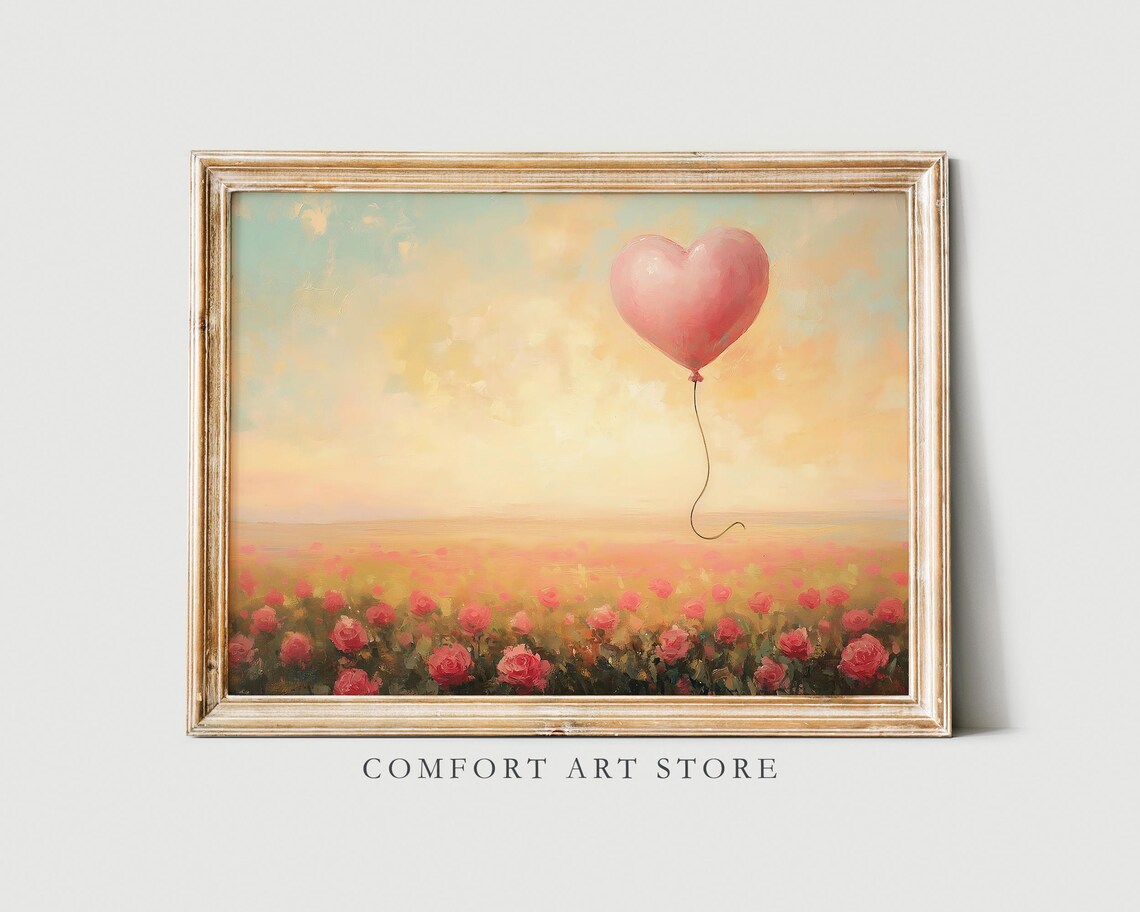 Pink Heart Balloon Rose Field Sunset Romantic Painting Art Poster