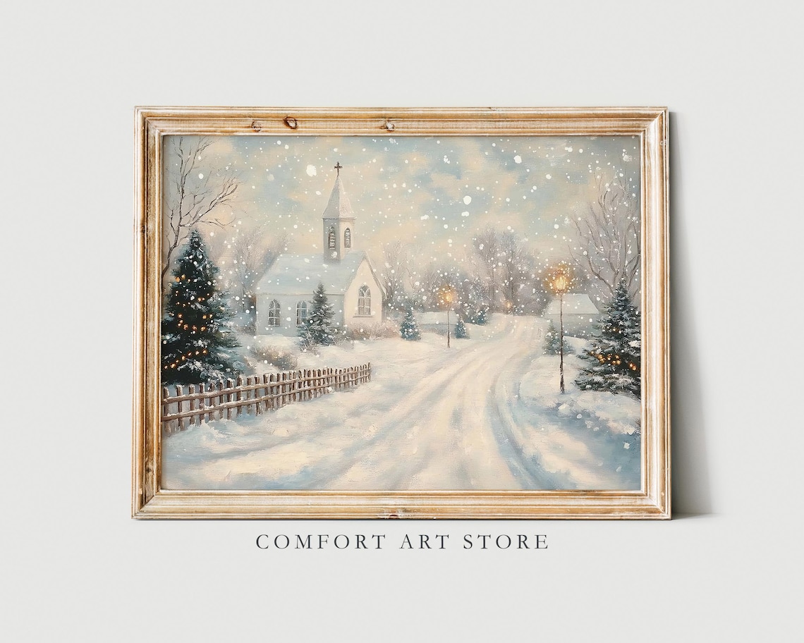 Snow Covered Country Church on Winter Lane Falling Snow Art Poster