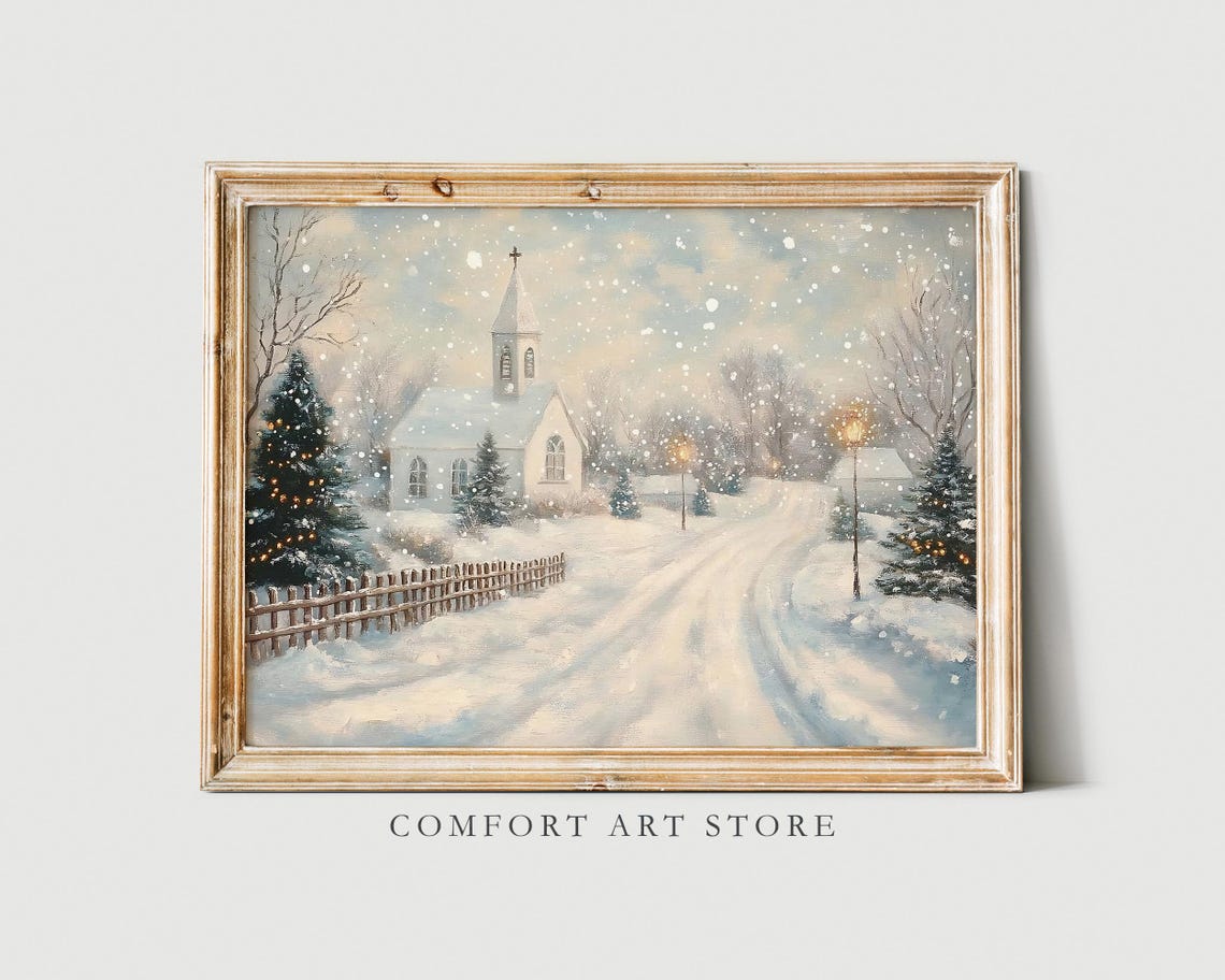 Snowy Village Wall Art Antique Vintage Winter Print Winter Scene Holiday Neutral Landscape Winter Seasonal Decor Church Painting