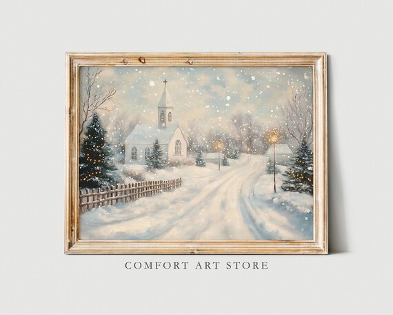 Snow Covered Country Church on Winter Lane Falling Snow Art Poster