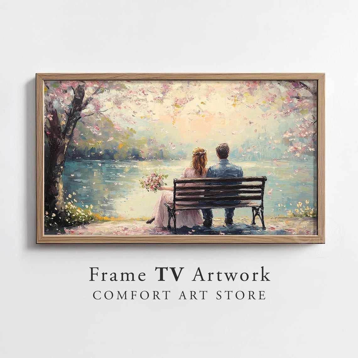 Romantic Couple Bench Cherry Blossom Lake Painting Decor Poster