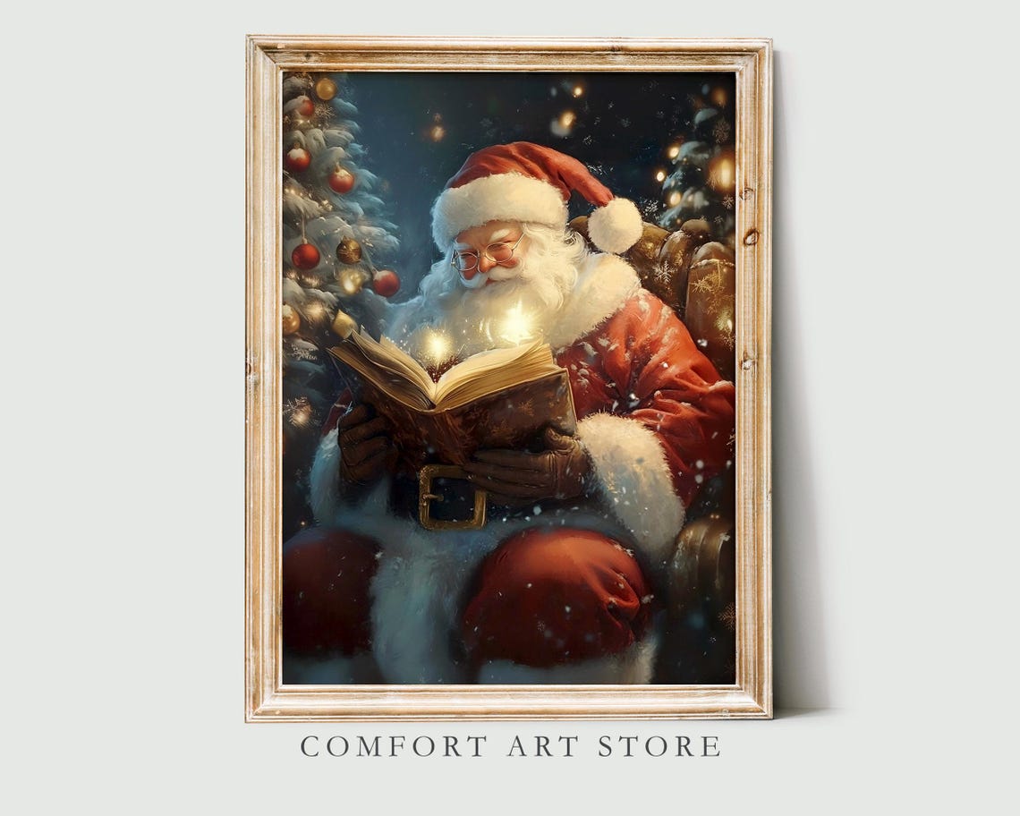 Santa Claus Reading a Glowing Magic Book at Christmas Tree Poster