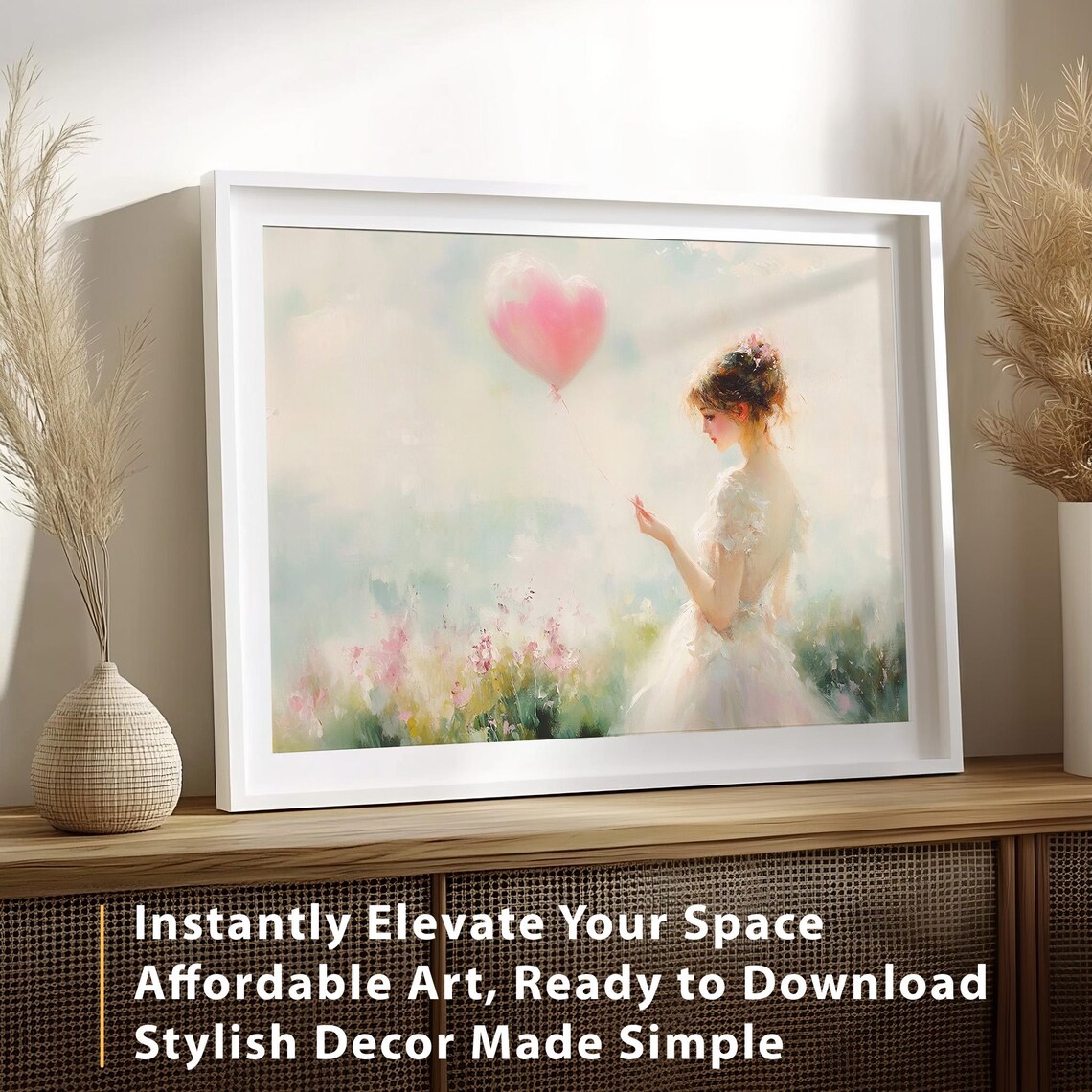 Valentines Woman Heart Balloon Flower Field Watercolor Romantic Print - Image 2