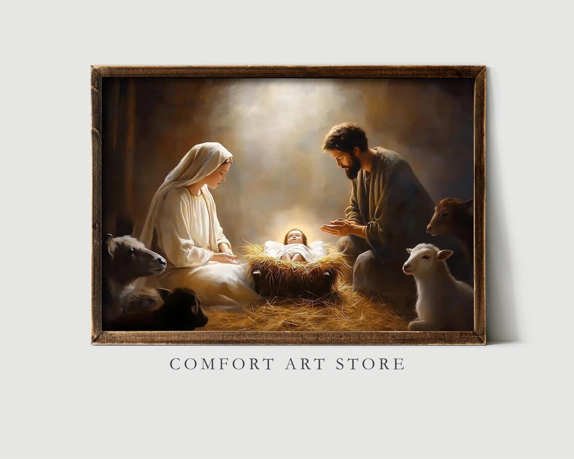 Nativity Scene With Mary Joseph and Baby Jesus in the Manger Poster - Image 2