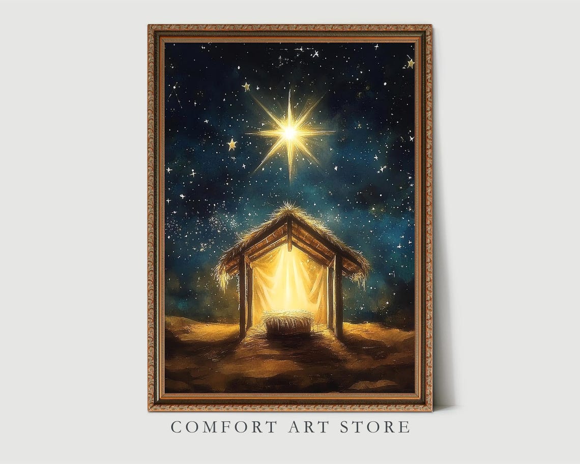 Empty Manger in the Stable Under the Star of Bethlehem Poster - Image 3