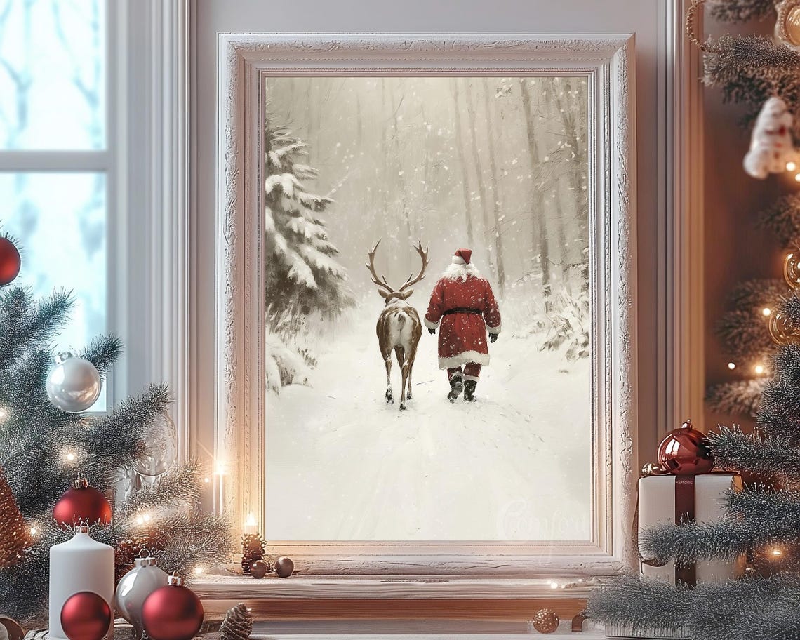 Santa Claus and Reindeer in a Sepia Toned Snowy Forest Poster - Image 8