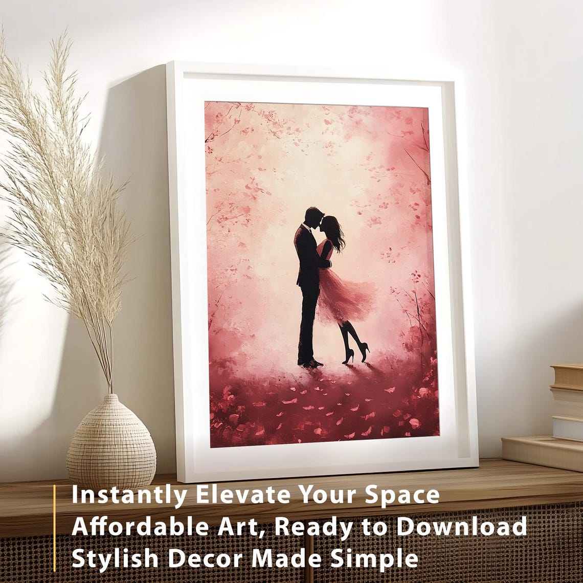 Romantic Couple Silhouette Embracing Under Pink Blossoms Poster - Image 7