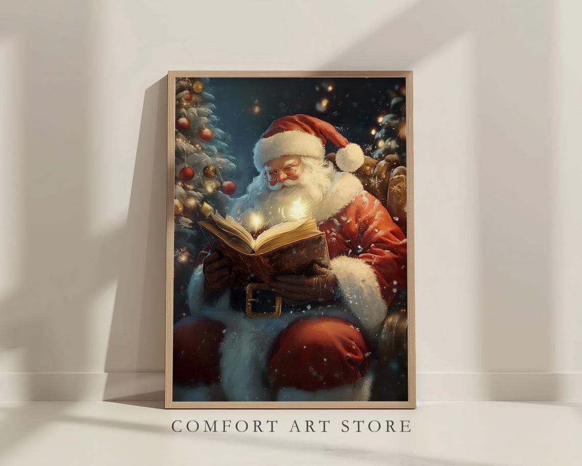 Santa Claus Reading a Glowing Magic Book at Christmas Tree Poster - Image 6