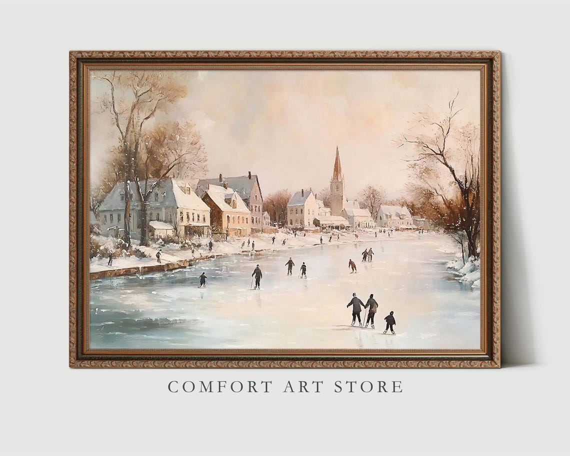 Village Ice Skating on Frozen Pond Winter Landscape Wall Art - Image 7
