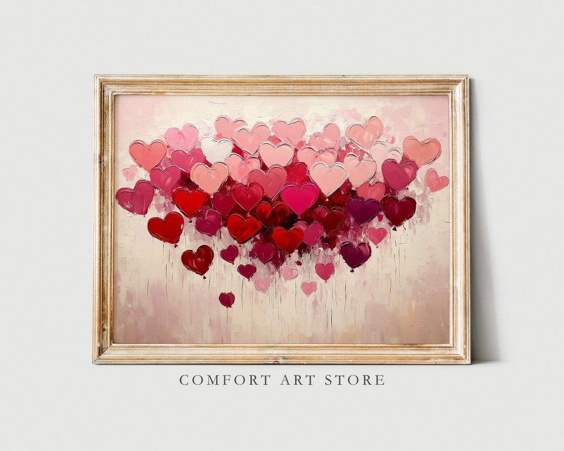 Red Pink Impasto Hearts Cluster Painting Valentines Decor Poster