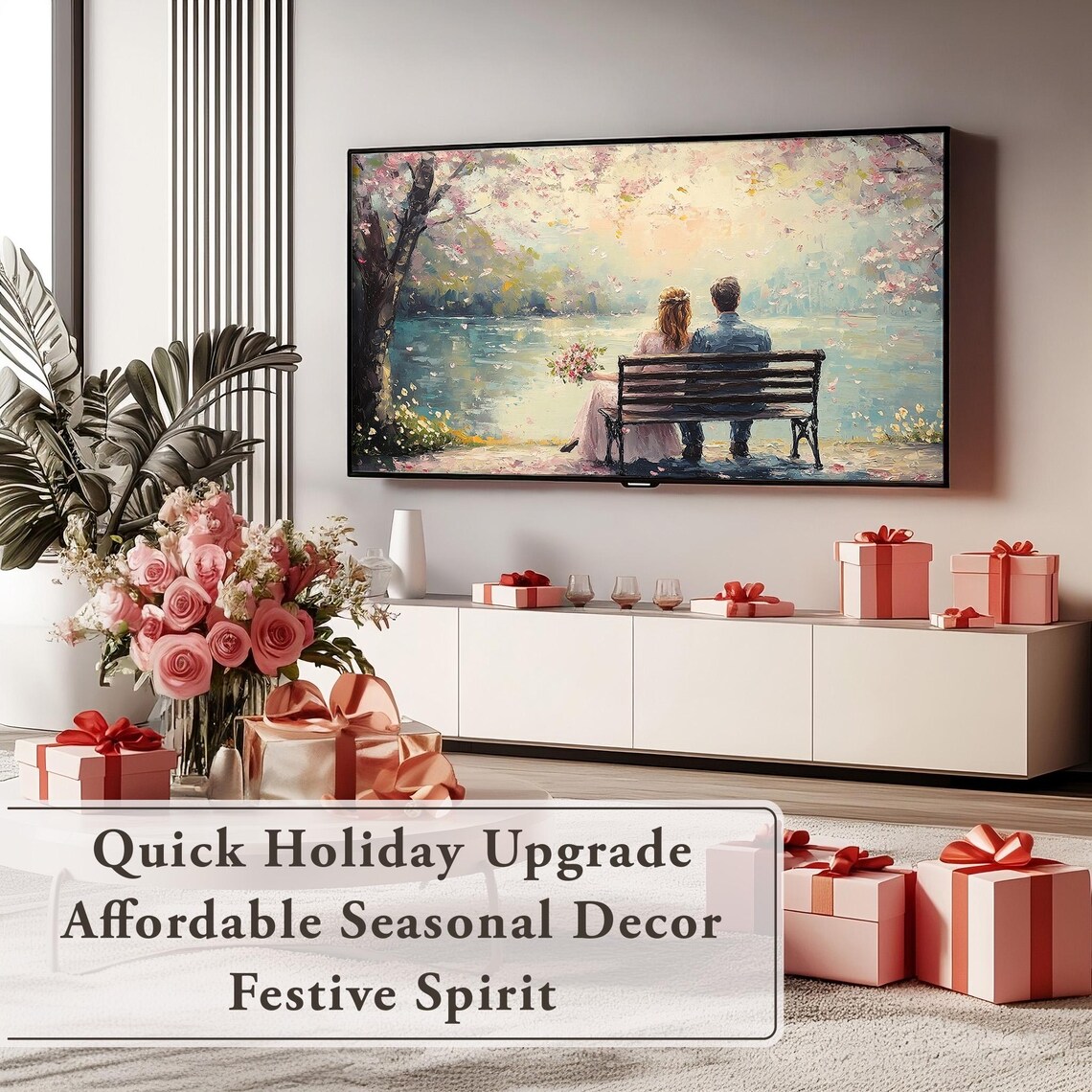 Romantic Couple Bench Cherry Blossom Lake Painting Decor Poster - Image 6
