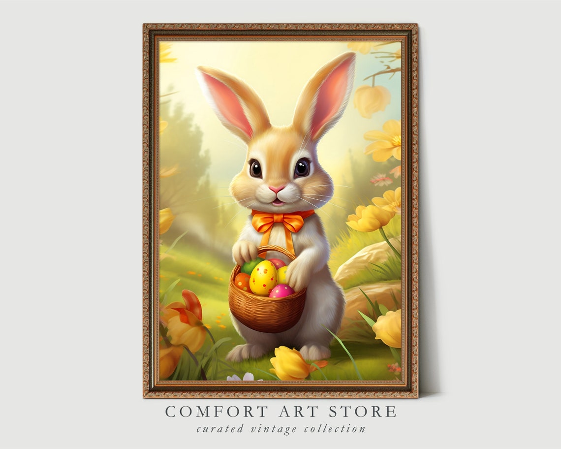 Cute Easter Bunny with Basket of Painted Eggs in Spring Wall Art - Image 8