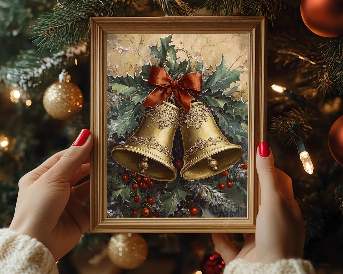 Ornate Brass Christmas Bells with Holly and Red Bow Wall Art - Image 7