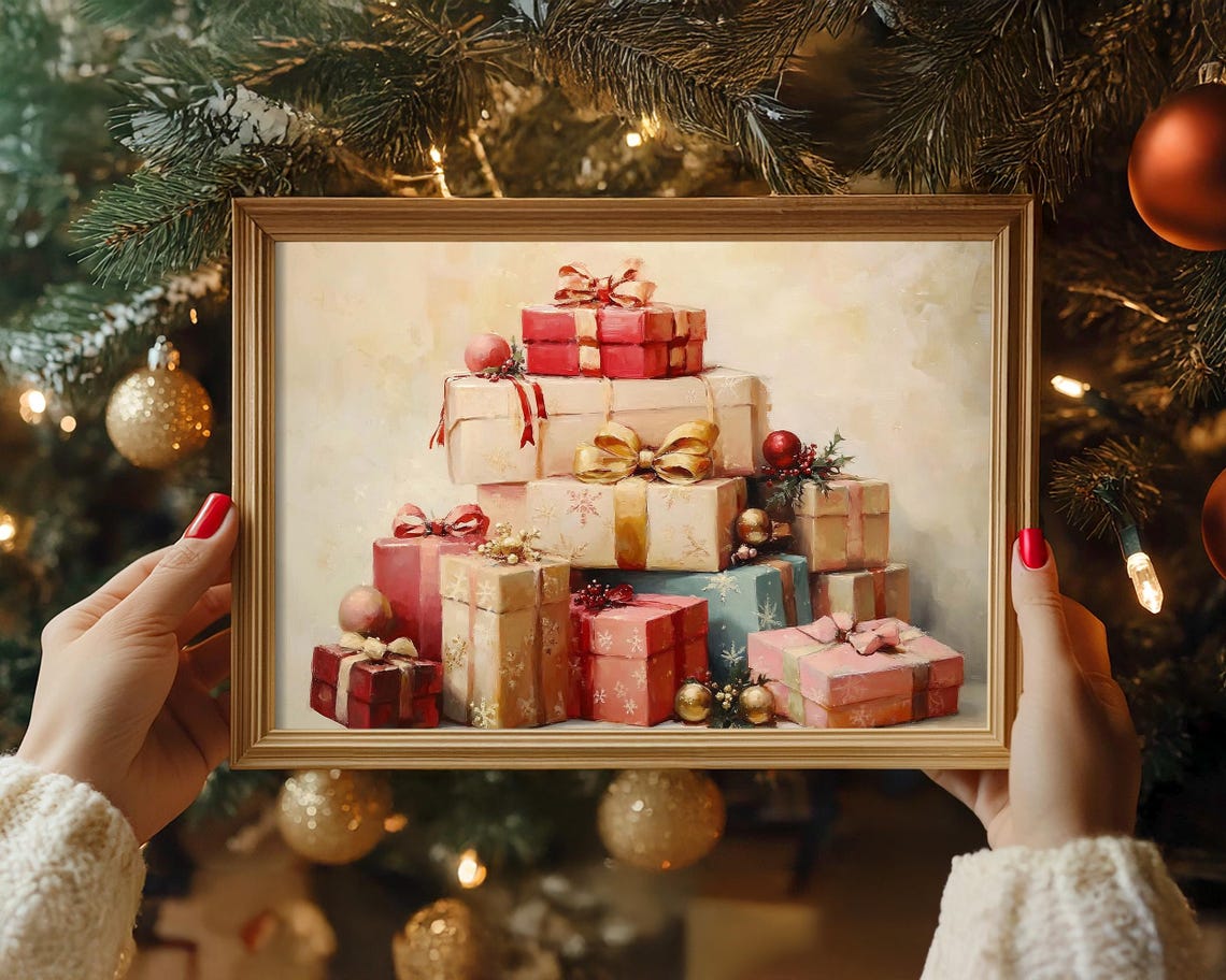 Elegant Pink and Gold Christmas Gift Stack with Bows Art Poster - Image 4