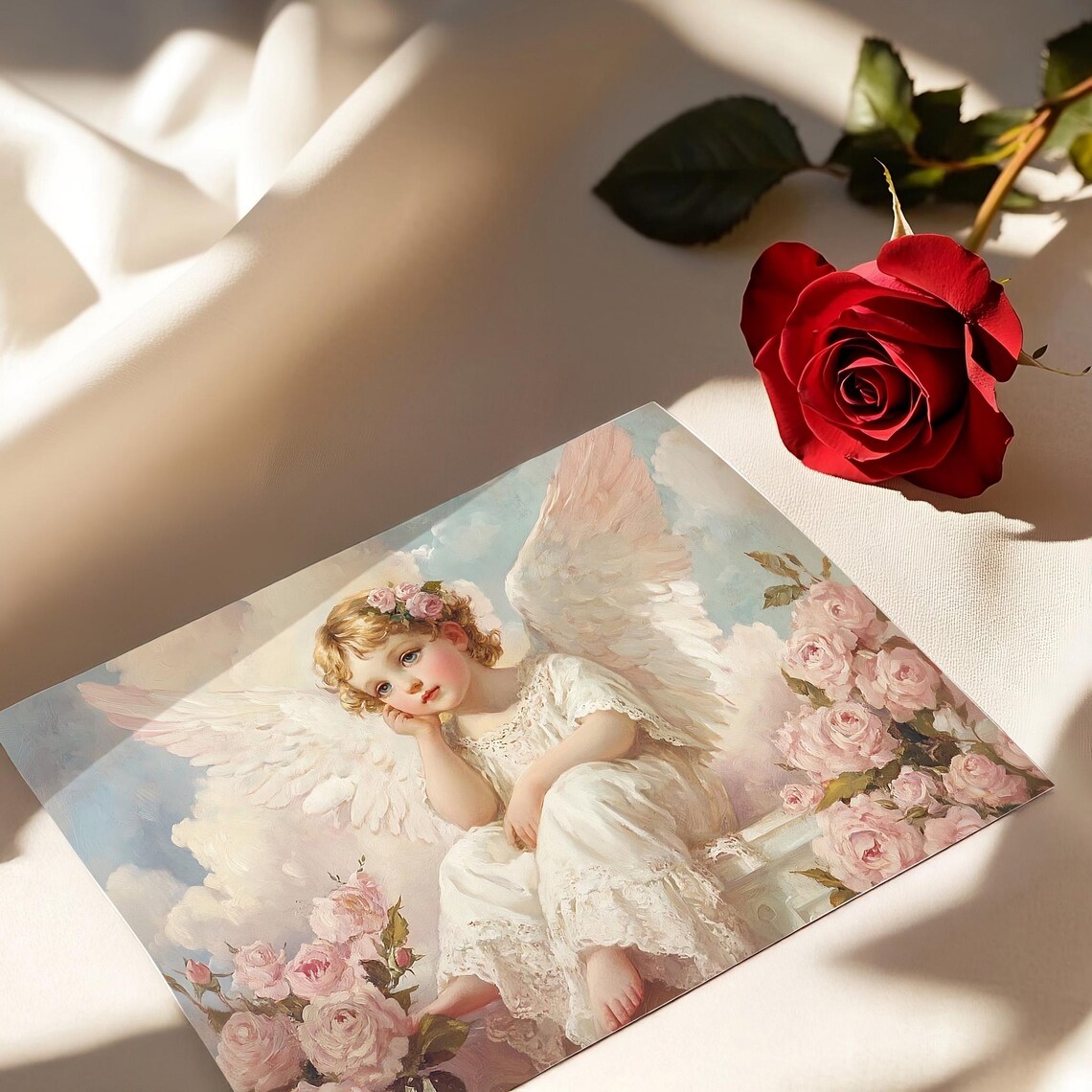 Dreamy Angel Among Roses Vintage Oil Painting Romantic Cherub Poster - Image 4