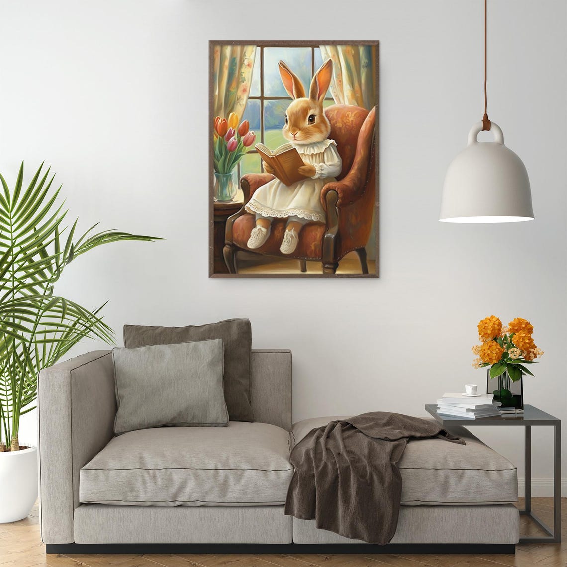 Easter Bunny Print Cute Easter Bunny Reading Book Easter Rabbit Easter Vintage Spring Cottagecore Nursery Decor Farmhouse Wall Art