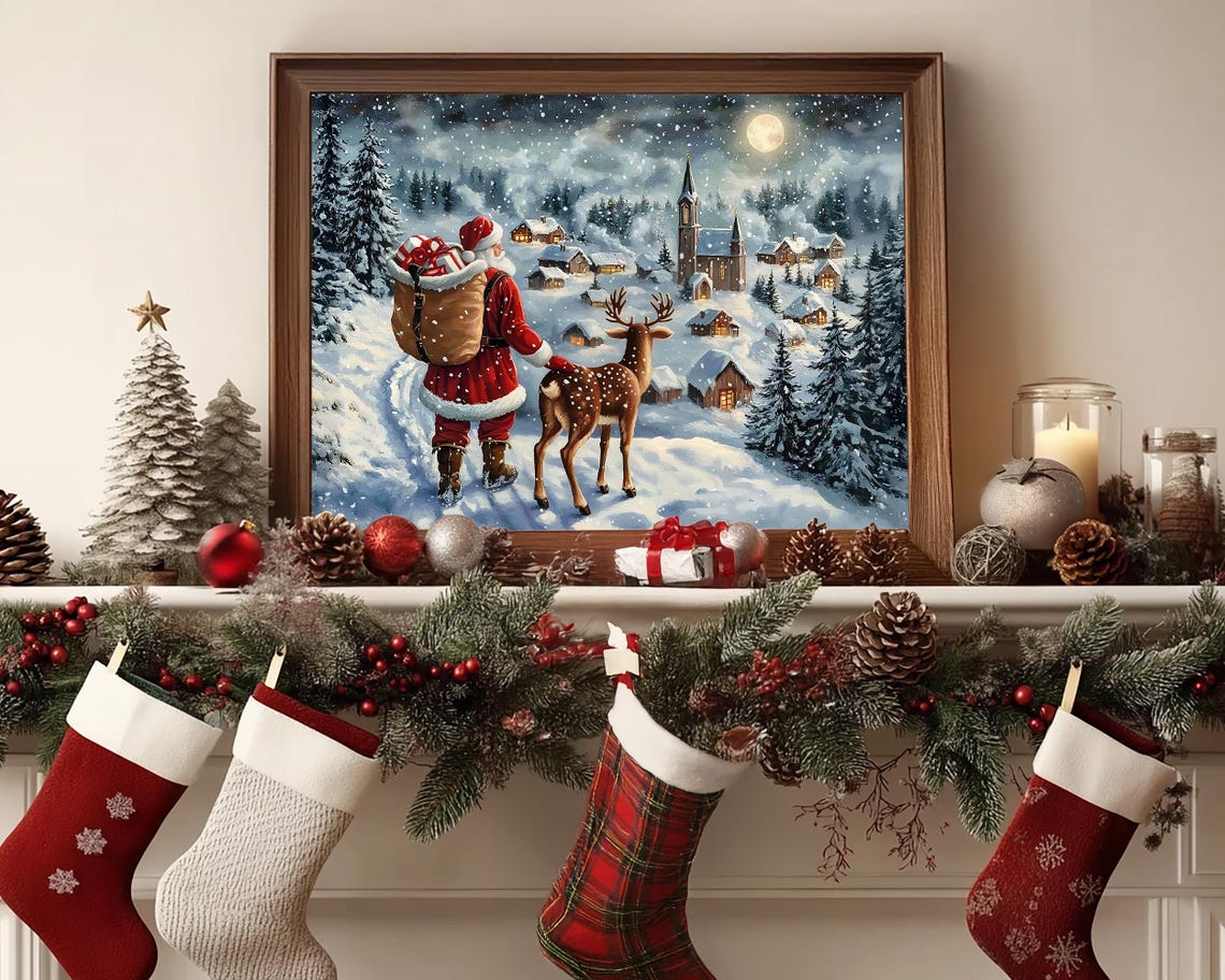 Christmas Wall Art Santa Claus Reindeer Print Dark Academia Winter Village Scene Snowy Holiday Decor Vintage Christmas Painting - Image 4